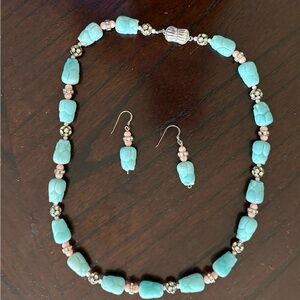 Turquoise and Pink Beaded Necklace and Earring Set Artisan Made Vintage Beads